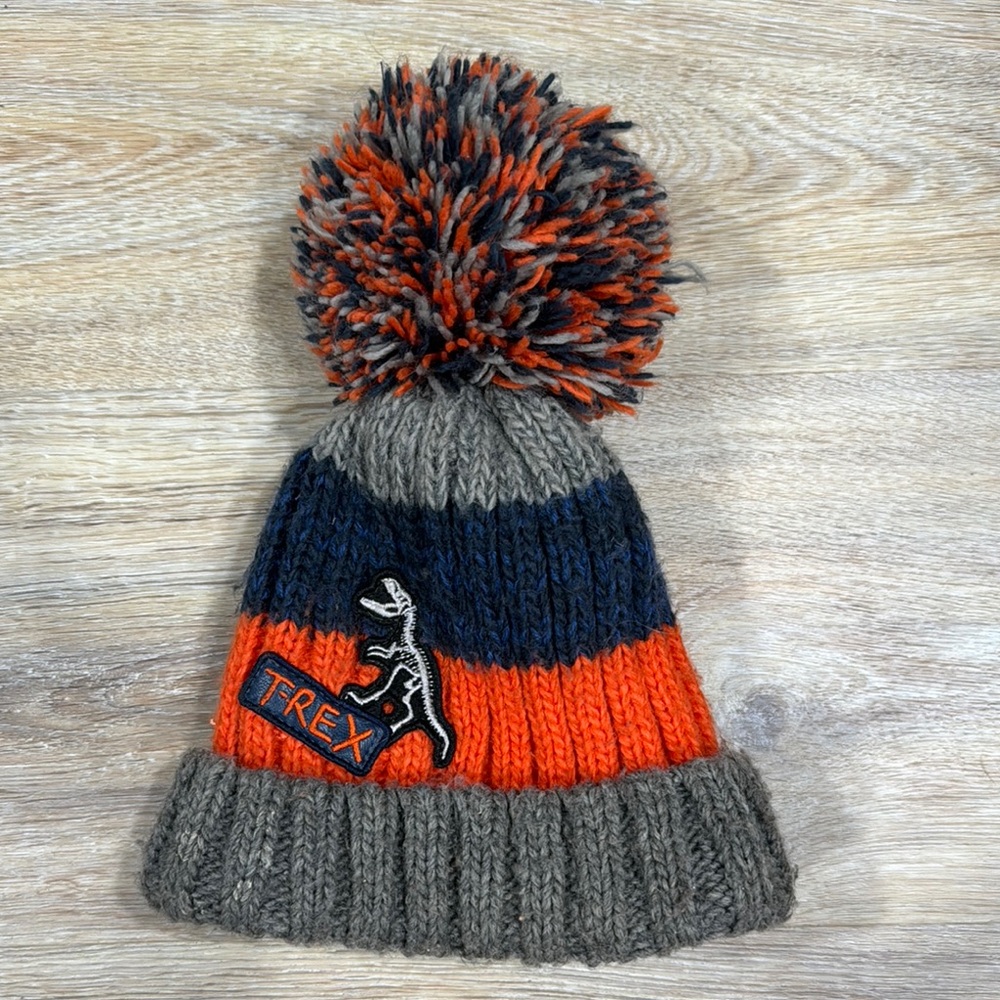 Kids Pom-Pom Beanie - Gray, Orange, and Navy